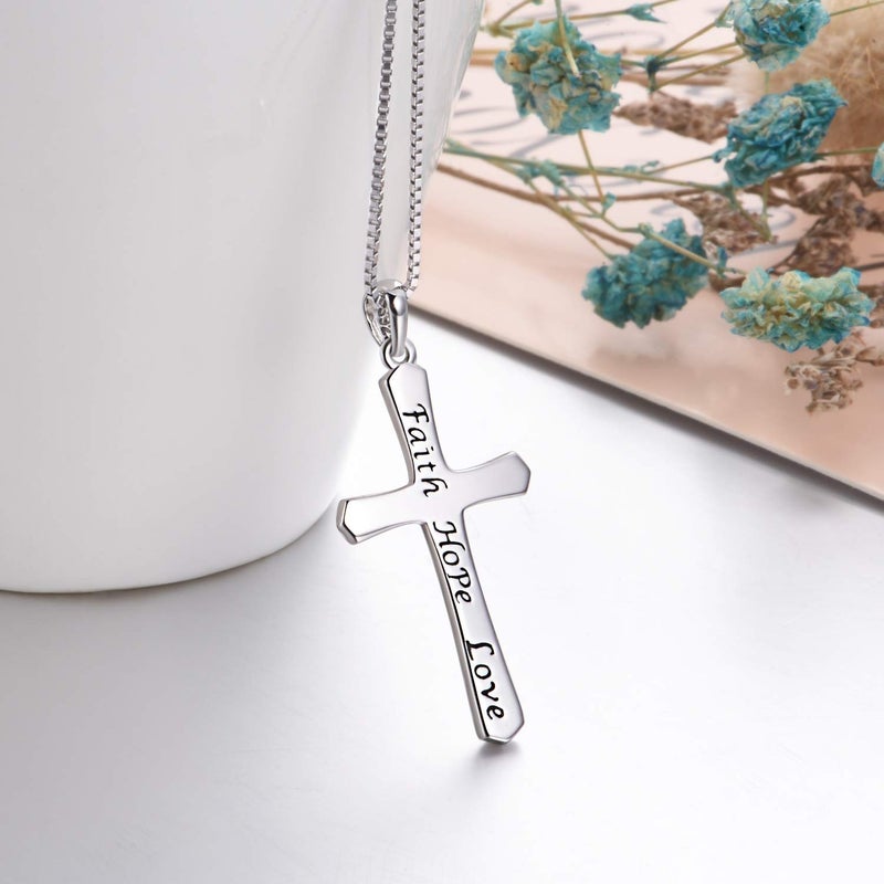LUHE Cross Necklace Women Sterling Silver Religious Engraved Faith Hope Love Cross Pendant Necklace Jewelry Christmas Gifts for Women Unisex (Cross Necklace-Silver) - Image 4